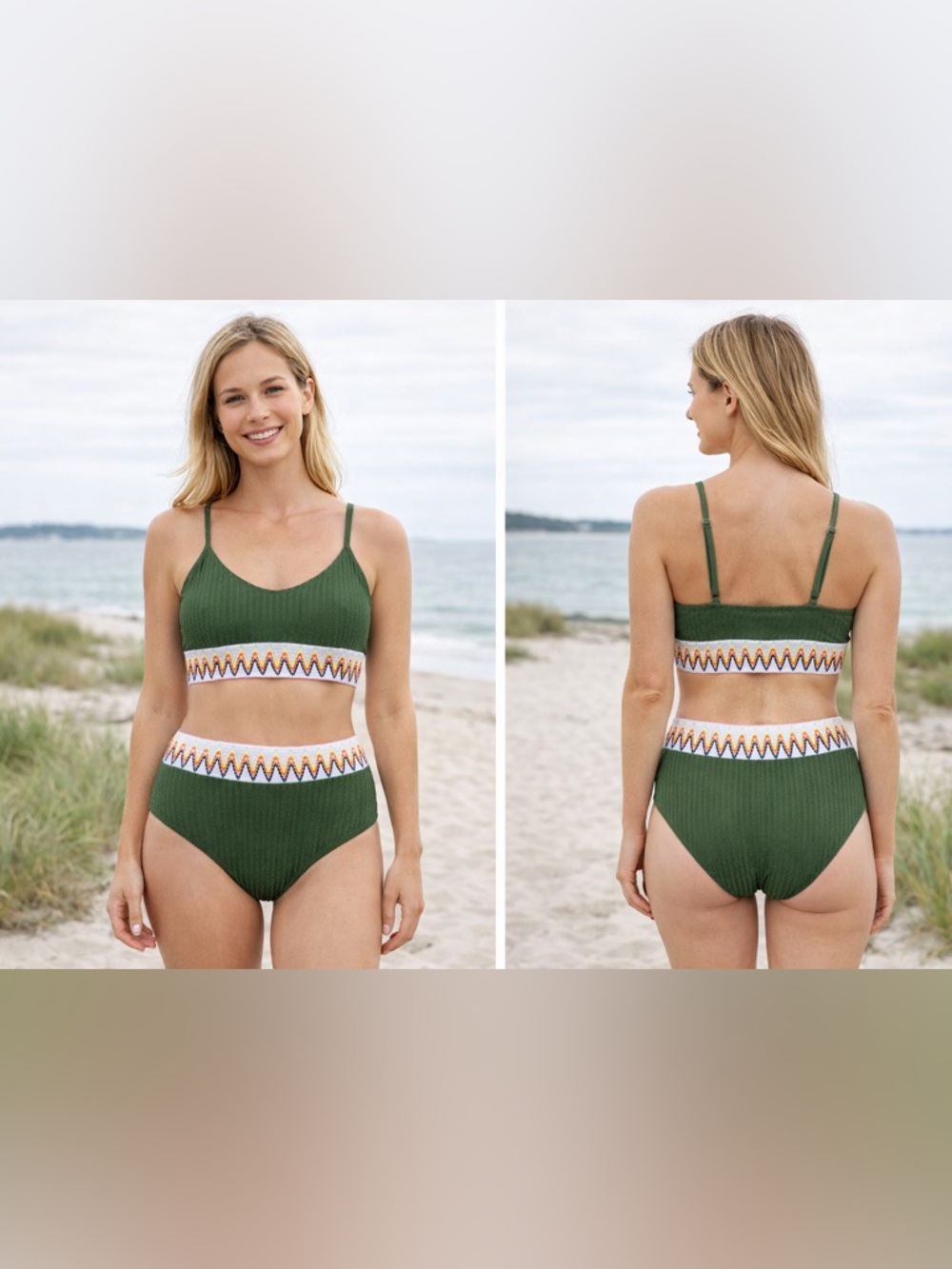 Green Ribbed Two-Piece Bikini with Chevron Trim - Size XL